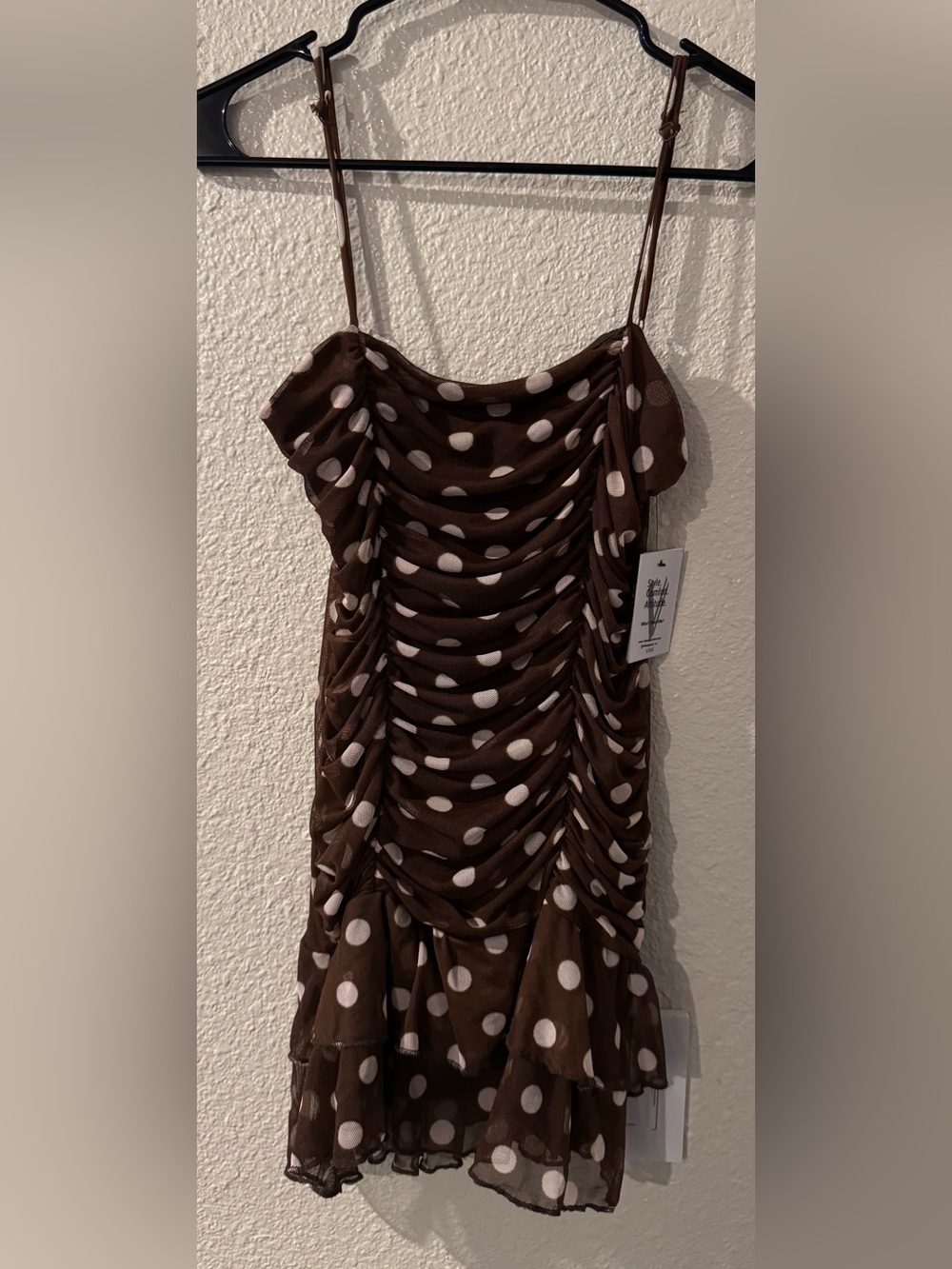 NWT Vibe Brown and White Polka Dot Ruched Mini Dress